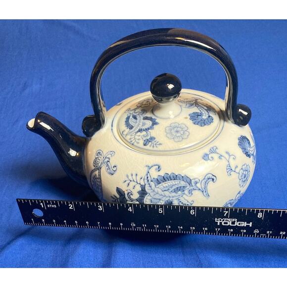 Pier 1 Blue White Floral Teapot with Black Handle Hand Painted Paisley w/ Lid - Picture 9 of 11